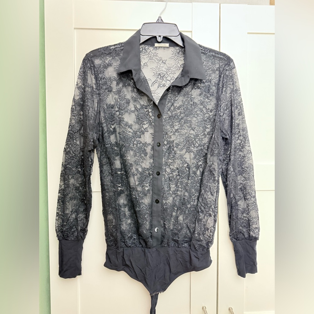 Intimissimi Elegant Black Lace-panelled Shirt Bodysuit Size M